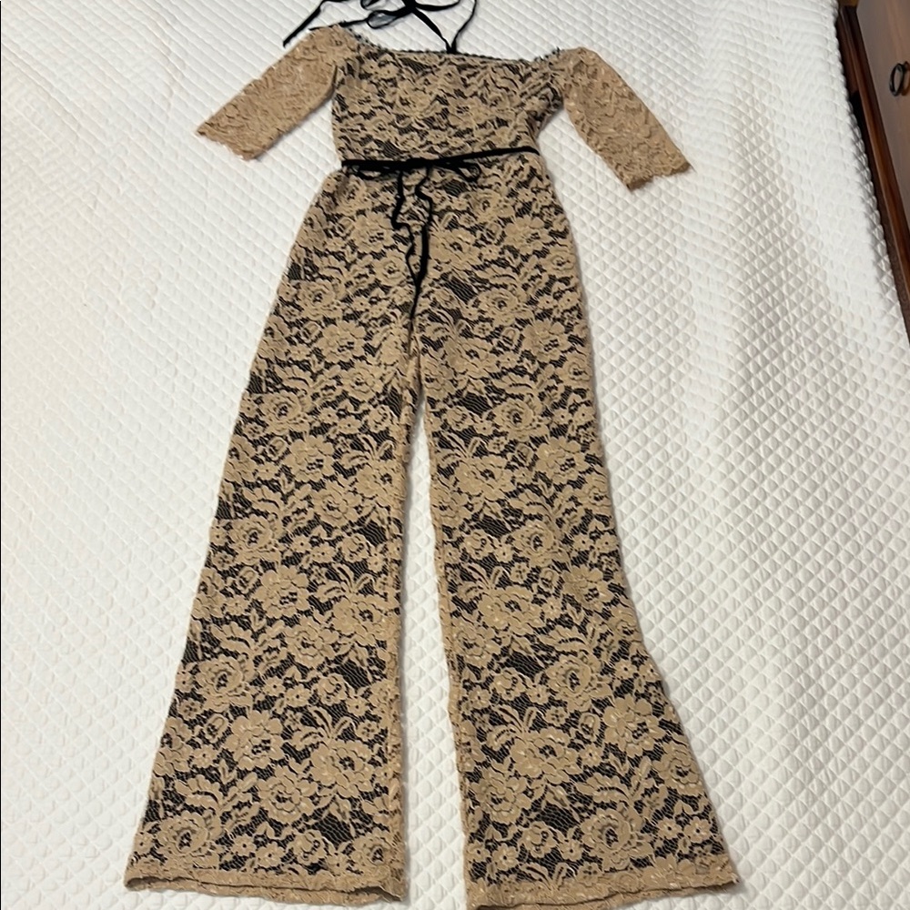 Alexis Beige Lace Off-Shoulder Jumpsuit with Black Lining